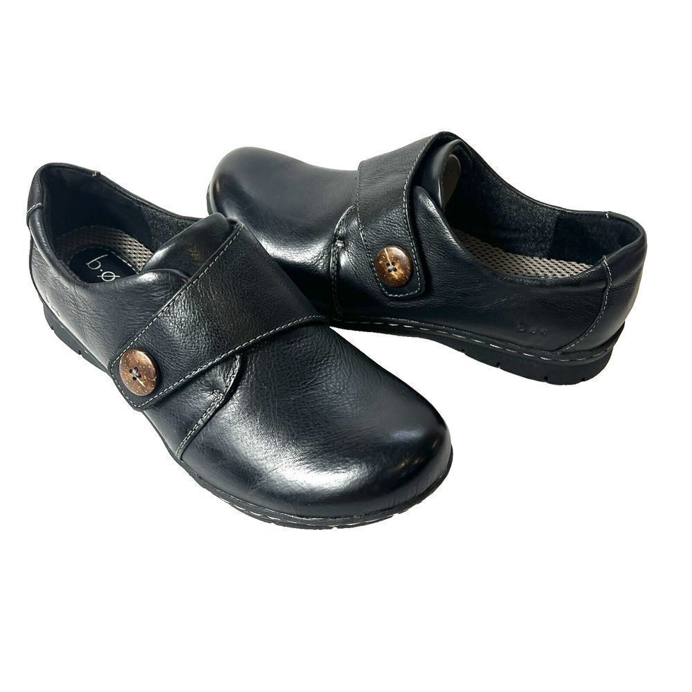 Born b.o.c Womens Size 9.5M Comfort Casual Black Leather Slip/Snap On Flat Shoes